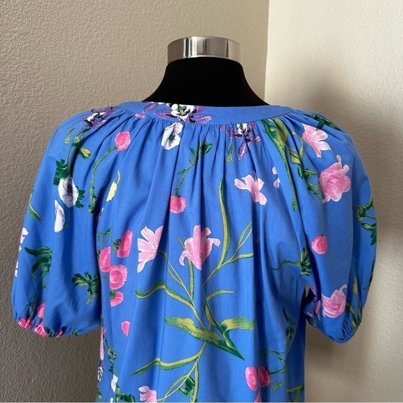 LOFT Garden Tie Neck Puff Sleeve Top Blue Size M - Picture 11 of 15